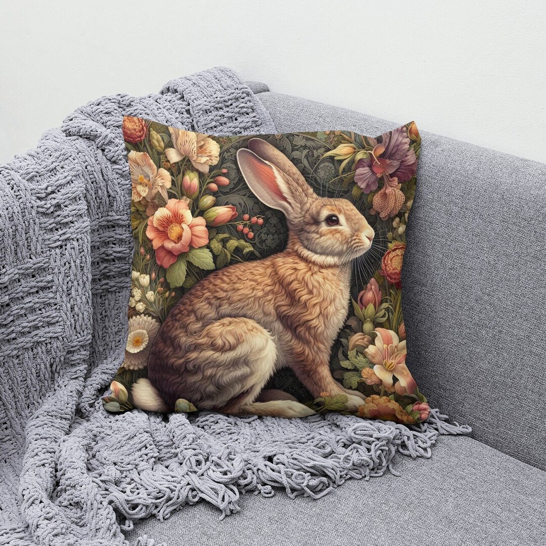 William Morris Style Rabbit Pillow, Botanical Forest Art (insert ...