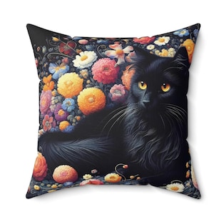 Black Cat Pillow William Morris Style Cushion Retro Cottage Art Design Home Decor Gift For Forest Cat Lover Present INSERT INCLUDED