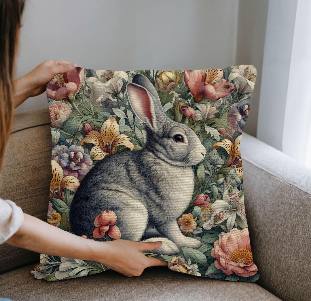 Rabbit Pillow William Morris Style Cushion Bunny Woven Pillow Retro ...