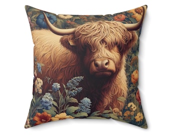 Highland Cow Pillow: Scottish Floral Farmhouse Throw Pillow