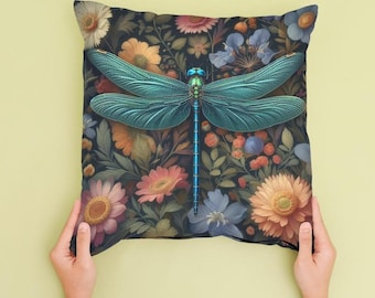 Almohada con flores de libélula, regalo para amantes de la naturaleza, estilo cottagecore botánico, regalo místico para el hogar, para amantes de los botánicos, entomólogos y jardines. INCLUYE INSERTO.