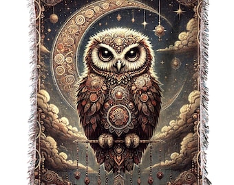 Owl Woven Cotton Blanket Scandinavian  Style Throw Whimsical Wise Owl Tapestry Moon Woodland Bird Blanket Owl Lover Gift Dark Academia Decor