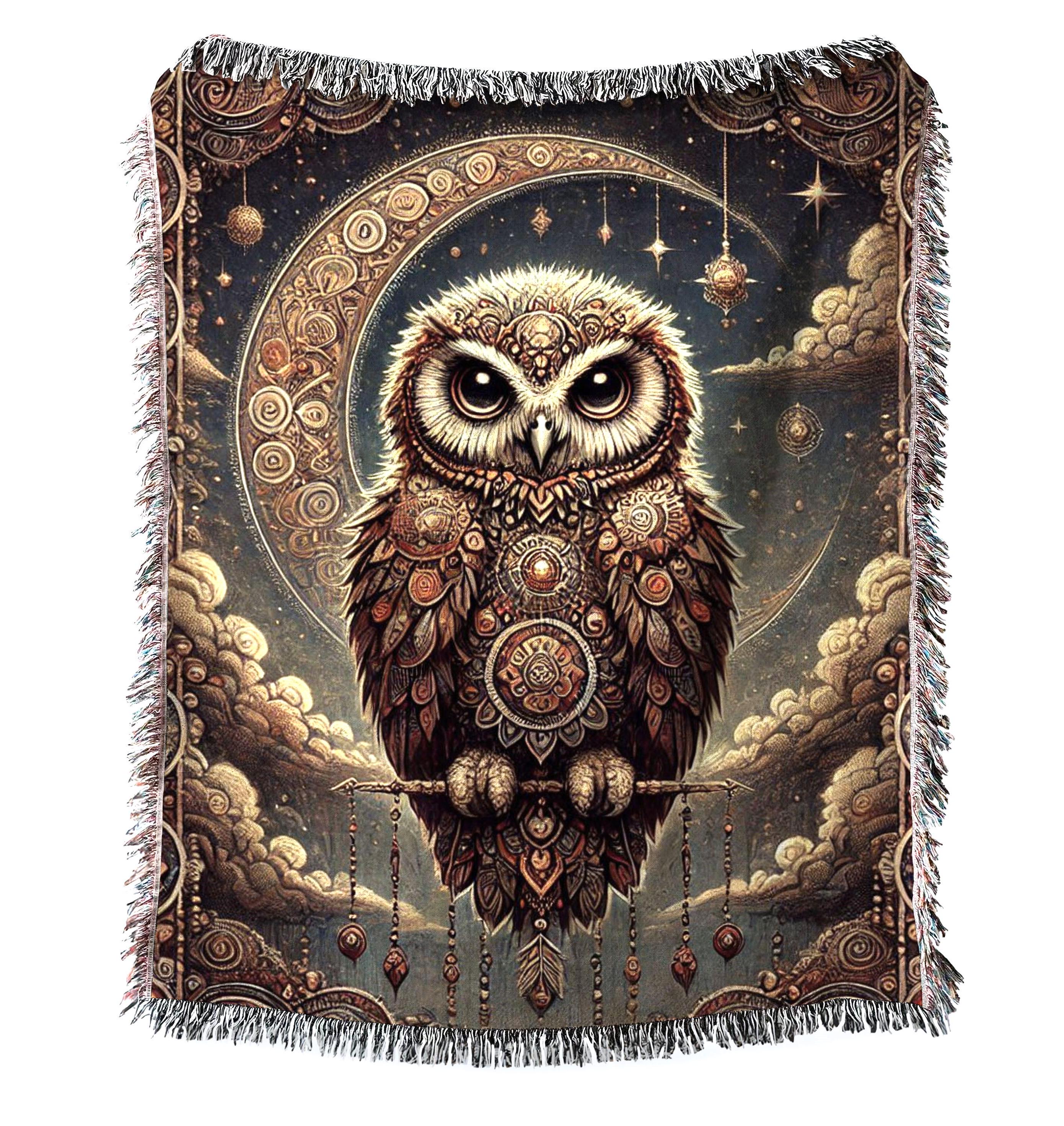 Owl Woven Cotton Blanket Scandinavian  Style Throw Whimsical Wise Owl Tapestry Moon Woodland Bird Bl
