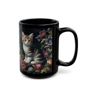 Cat Black Mug William Morris Inspired Coffee Mug Floral Cottagecore Vintage Style Cat Lover Gift For Her Ceramic Mug11oz,15oz