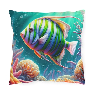 Ocean Fish Outdoor Pillows - Vibrant and Colorful Throw Pillow for Patio Decor, Beach House Accessories, Tropical Home Decor, Sea Life