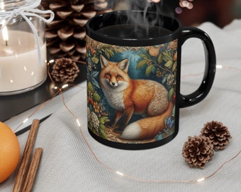 Red Fox Black Mug William Morris Inspired Coffee Tea Cappa Floral Cottagecore Mug Vintage Style Fox Lover Gift For Her Him Ceramic Mug 11