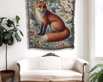 Red Fox Woven Blanket: Vintage Botanical, 100% Cotton Throw