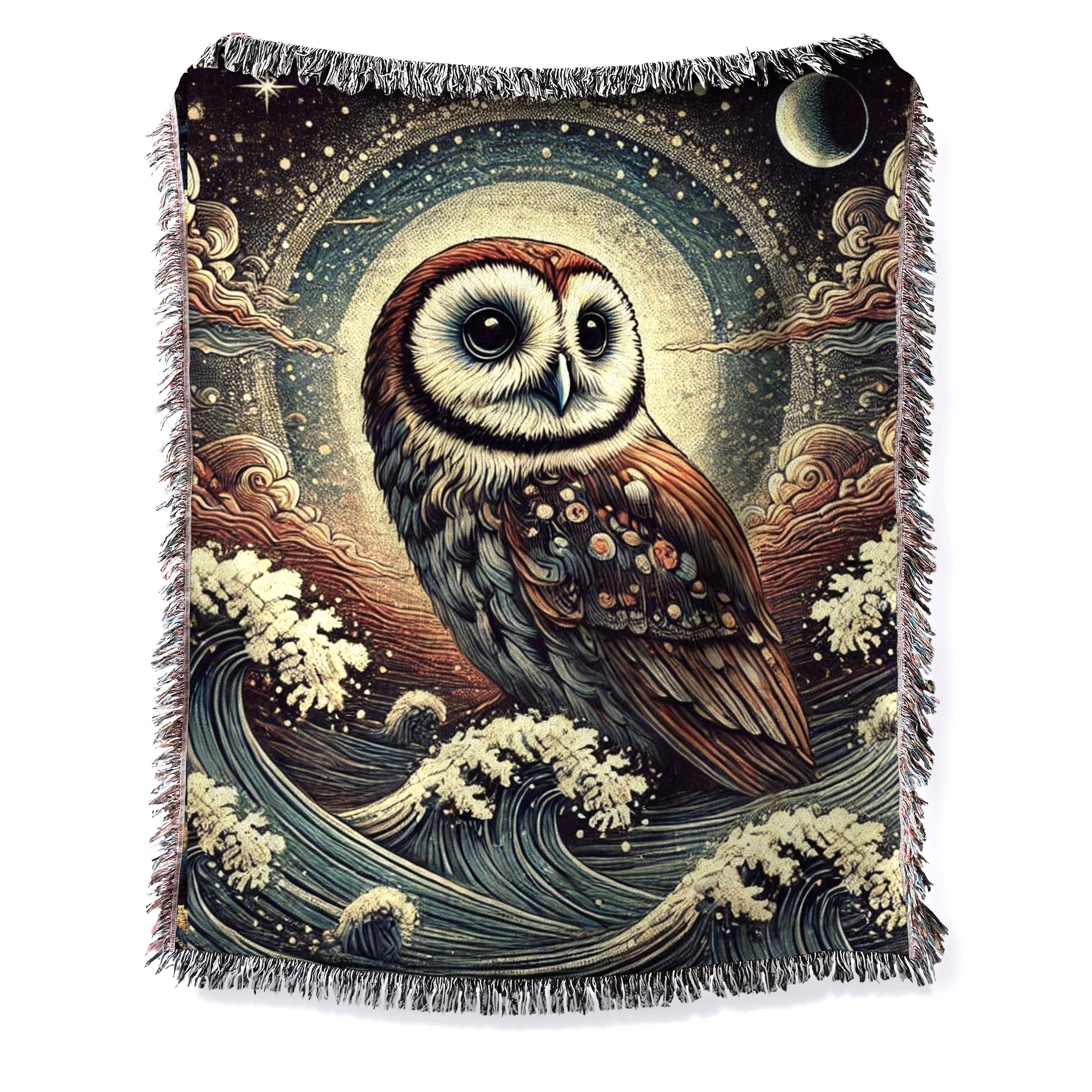 Owl Woven Cotton Blanket Scandinavian Art Throw Whimsical Mystical Wise Owl Tapestry Moon Woodland B