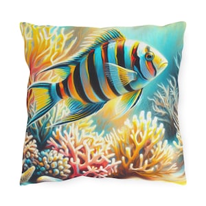 Ocean Fish Outdoor Pillows - Vibrant and Colorful Throw Pillow for Patio Decor, Beach House Accessories, Tropical Home Decor, Sea Life