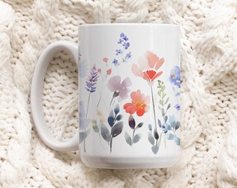 Pressed Floral Mug, Boho Wildflowers Cottagecore Coffee Mug, Botanical Tea Cup, Pastel Floral Nature Mug, Flower Garden Lover Gift, L2