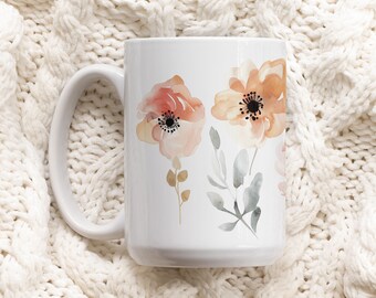 Pressed Floral Mug, Boho Wildflowers Cottagecore Coffee Mug, Botanical Tea Cup, Pastel Floral Nature Mug, Flower Garden Lover Gift, L3