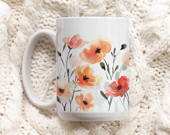 Pressed Floral Mug, Boho Wildflowers Cottagecore Coffee Mug, Botanical Tea Cup, Pastel Floral Nature Mug, Flower Garden Lover Gift, L8