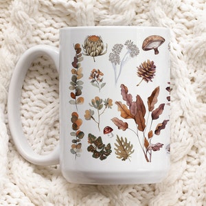 Pressed Botanical Mug, Boho Neutral Cottagecore Coffee Mug, Botanical Tea Cup, Neutral Floral Nature Mug, Flower Garden Lover Gift, L40