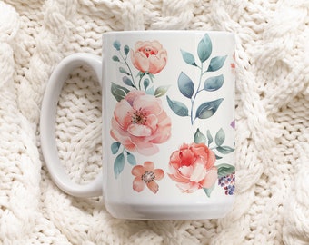 Boho Floral Mug, Watercolor Flowers Coffee Mug, Botanical Tea Cup, Pastel Floral Nature Mug, Flower Garden Lover Gift, Gift for Wife, L36
