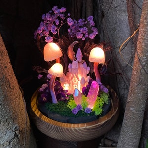 Charming Mushroom Table Lamp Glowing Mystery Castle with Purple Moon & Crystal Handmade Mushroom Lamp Fairy Tale Decor Mushroom Night Light