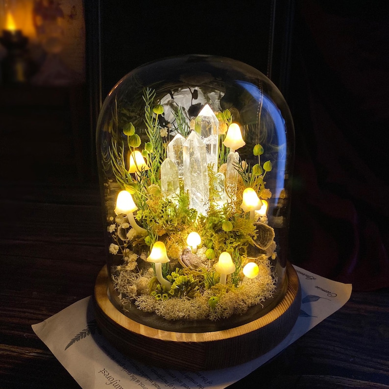 May include: A glass dome terrarium containing a miniature forest scene. The terrarium features white quartz crystals, moss, and small white mushrooms with glowing LED lights. The base of the terrarium is made of wood.