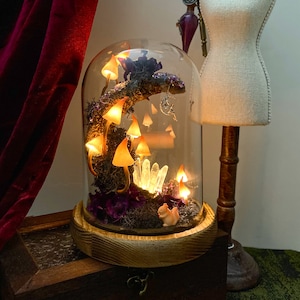 May include: A glass dome with a wooden base contains a miniature forest scene with glowing mushrooms, crystals, and a small squirrel figurine. The dome is lit from within, creating a magical and whimsical atmosphere.