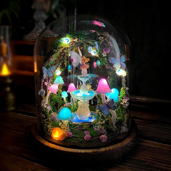 Enchanted Fairy Garden Lamp with Miniature Fountain & Fairy, Handmade Large Mushroom Wreath Night Light, Unique Gift, Fairy Tale Home Decor