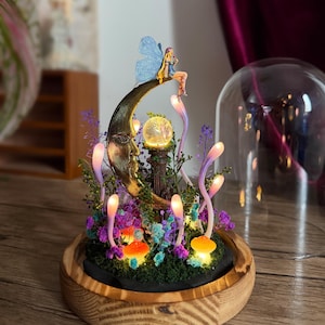 Handmade Crescent Moon Night Light with Fairy, Magical Mushroom Lamp with Glowing Crystal Ball, Home Decor for Bedroom Nursery, Unique Gift