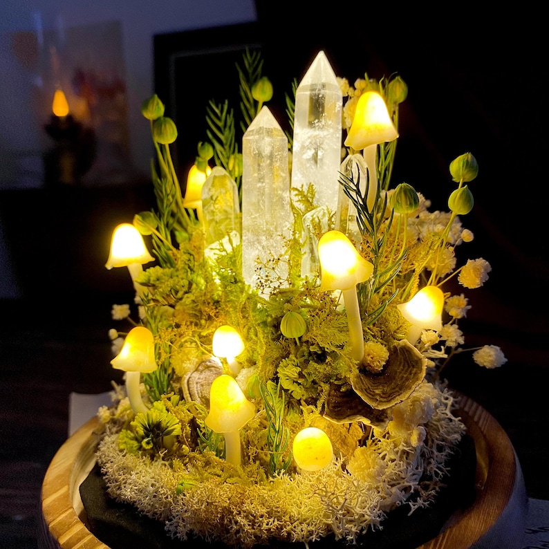 May include: A crystal and moss terrarium featuring glowing mushrooms and clear quartz crystals. The terrarium is illuminated from within, creating a magical and whimsical ambience.