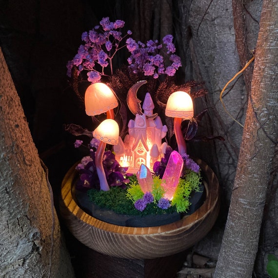 Charming Mushroom Table Lamp Glowing Mystery Castle with Purple Moon & Crystal Handmade Mushroom Lamp Fairy Tale Decor Mushroom Night Light