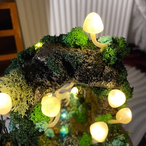 May include: A miniature forest scene with a mossy tree trunk and glowing white mushrooms. The scene is lit with small white lights, creating a magical and whimsical atmosphere.