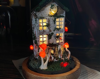Haunted House Night Light, Halloween Decor with Skull & Zombie, Spooky Home Decor, Glowing Red Mushroom Lamp, Handmade Unique Halloween Gift
