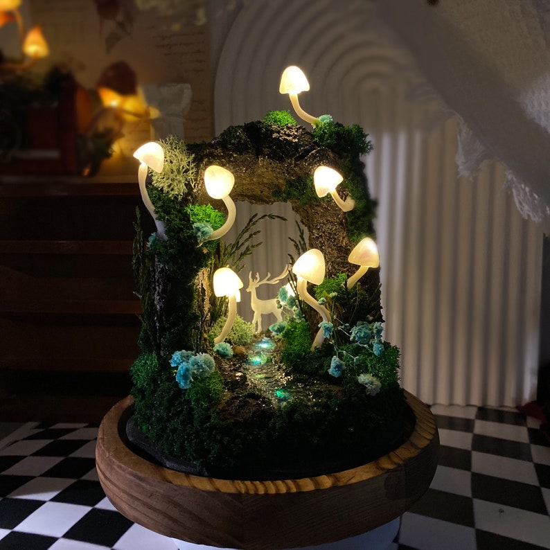 Enchanted Forest Mushroom Lamp Miniature Cave with Creek & Deer Fantasy Micro Landscape Whimsical Home Decor Mushroom Nightlight Unique Gift image 2
