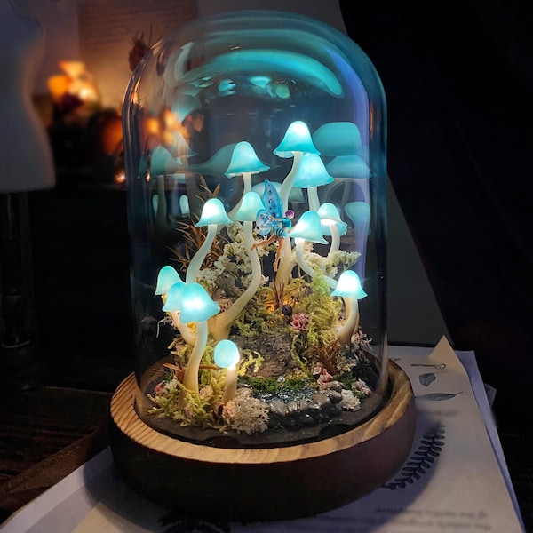Magic Mushroom Lamp with Flying Fairy and Pond, Handmade Blue Mushroom Night Light, Fantasy Fairy Lamp, Enchanted Forest Decor Birthday Gift