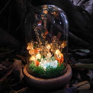 Handmade Glowing Mushroom Lamp with Magic Crystal and White Deer in the Mystery Lake Fantasy Night Light Unique Decor Gift for Nature Lover
