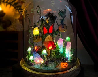 Halloween Pumpkin Spooky Tree Lamp,Haunted Forest Decor,Jack-O-Lantern with Glowing Mushroom & Crystal,Light Up Hallowween Decor,Unique Gift