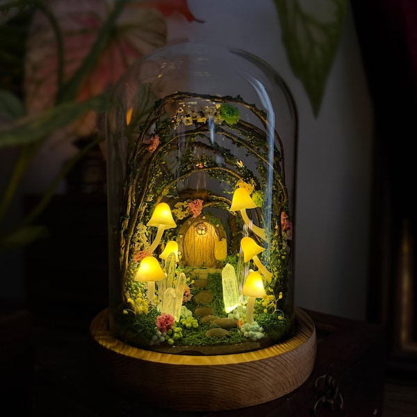 Nachtlampje feeëndeur met gloeiend kristal, betoverde bospaddestoellamp, sprookjedecor voor slaapkamer, kinderkamer, kinderen, meisjes, uniek cadeau