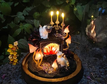 Lampada da tavolo a forma di fungo fatta a mano Caminetto in miniatura di cristallo incandescente Decorazioni per la casa uniche Luce notturna fantasy per amante dei gatti Regalo di compleanno di Natale