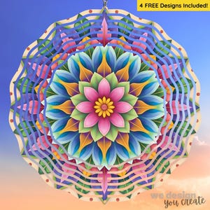 Peut inclure: Un capteur de vent en métal multicouche avec un motif floral coloré. Le motif présente une fleur rose centrale avec un centre jaune, entourée de pétales bleus, verts et oranges. Le texte "4 FREE Designs Included!" est visible.