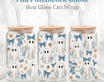 Halloween 16oz Glass Can Sublimation Design, Spooky Season Wrap, Patchwork Ghost Digital Download, Fall Sublimation PNG, Coquette Halloween