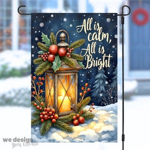 Winter Garden Flag Sublimation PNG, All Is Calm Holiday Design, 12x18 Winter Flag PNG, Christmas Outdoor Decor, Christmas Lantern Design
