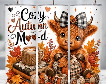 Highland Cow Tumbler Wrap PNG, Pumpkin Cozy Autumn Mood Fall Sublimation Design, 20oz Skinny Tumbler Wrap, Cute Cow Coffee Digital Download
