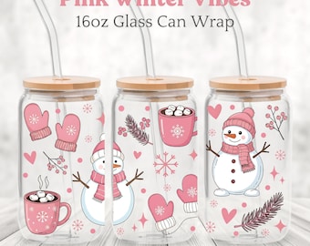 Christmas 16oz Glass Can Wrap PNG, Festive Holiday Drinkware Sublimation Design, Pink Christmas Sublimation Glass Cup Wrap, Snowman PNG