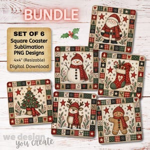 Puede incluir: Un conjunto de seis diseños digitales cuadrados para posavasos con motivos navideños que incluyen a Santa, un muñeco de nieve, un calcetín, un árbol, un reno y un hombre de jengibre, enmarcados por un borde de cuadros rojo, verde y blanco.