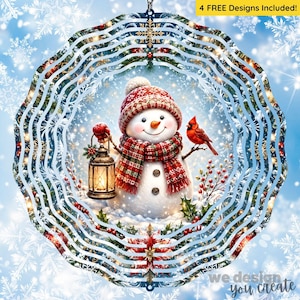 May include: A circular metal wind spinner featuring a snowman wearing a red patterned hat and scarf, holding a lit lantern. A red cardinal sits nearby amidst holly berries and pine branches. The text 4 FREE DESIGNS INCLUDED is at the top.