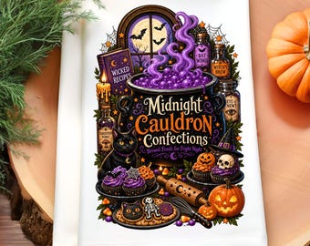 Halloween Kitchen Towel PNG, Midnight Cauldron Confections, Witch Baking Sublimation, Spooky Treats Towel Design, Halloween Kitchen Decor
