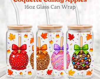 Coquette Candy Apple Glass Can Wrap PNG, Fall 16oz Glass Can Design, Caramel Apple Sublimation, Cute Fall Tumbler Wrap, Digital Download
