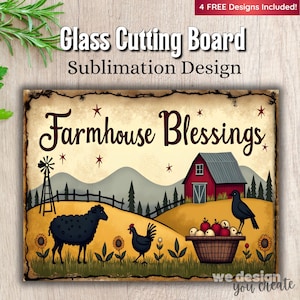 Könnte beinhalten: Rechteckiges Glas-Schneidebrett mit Bauernhof-Design. Das Design zeigt eine rote Scheune, ein schwarzes Schaf, eine Krähe und die Worte "Farmhouse Blessings". Das Brett enthält den Text "Glass Cutting Board Sublimation Design."