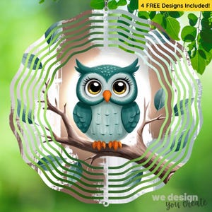 May include: A green and brown wind spinner with a cartoon owl design. The owl has large eyes and a brown beak. The wind spinner has a layered design with multiple circles.