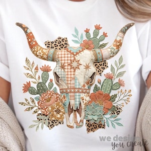 Sublimering av västerländsk ko-skalle PNG: Patchwork-kaktusblommor, sublimeringsdesign med blommig ko-skalle, bohemisk västerländsk suckulentkonst, rustik PNG