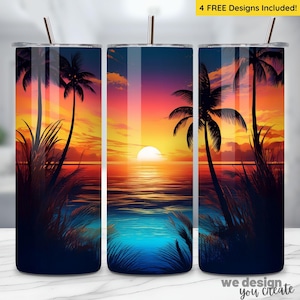 May include: Three stainless steel tumblers featuring a sunset and palm tree design. The tumblers have a blue, orange and yellow gradient background with silhouettes of palm trees and a sunset in the distance. The tumblers are ideal for enjoying your favourite beverages.