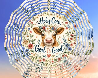 Holy Cow God Is Good Wind Spinner PNG, Christian Cow Sublimation Design, Floral Farmhouse Yard Decor, Faith Based Digital Download