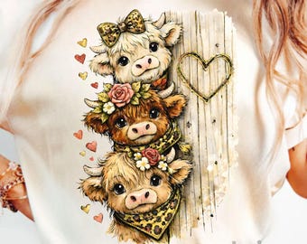 May include: Cream-colored t-shirt featuring a stacked design of three cartoon cows. The cows have floral and leopard print accents. A wooden plank background with a heart-shaped outline is visible. The text "we design you create" is at the bottom.