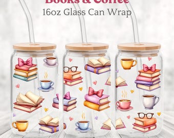 Books and Coffee 16oz Glass Can Wrap PNG Book Sublimation Design, Book Lover Digital Download, Coffee Glass Jar Wrap, Coquette Glass Can PNG