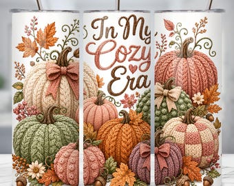 In My Cozy Era Tumbler Wrap, Fall Pumpkin Tumbler PNG, Knitted Pumpkins, 20oz Skinny Sublimation Design, Autumn Digital Download
